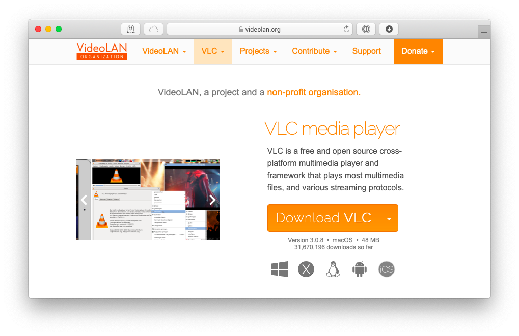 download and install the freeware vlc media player for os x